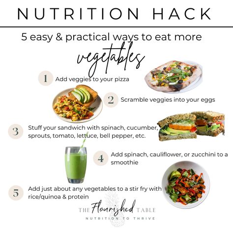 5 aways to eat more vegetables- add to egg scramble, add to pizza, make a stir fry, add zucchini, spinach, or cauliflower to a smoothie or add to sandwich How Much Veggies To Eat A Day, How To Eat More Legumes, Simple Ways To Eat Healthier, Ways To Get More Vegetables In Your Diet, Ways To Eat More Veggies, Ways To Incorporate Vegetables, How To Get More Vegetables In Your Diet, Add Vegetables To Diet, How To Eat Vegetables