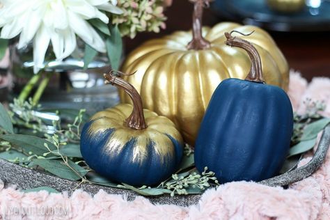 Gold Painted Pumpkins, Fall Centerpieces Diy, Blue Fall Decor, Pumpkin Table Decorations, Fall Centerpieces, Farmhouse Glam, Centerpieces Diy, Gold Pumpkins, Pumpkin Carving Templates