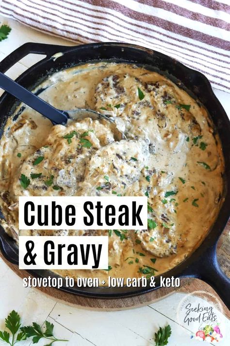 Cube steak in the oven is so easy! Quickly pan-sear the cube steaks and make the gravy. Using a cast iron skillet it goes from stovetop to oven with ease. This recipe is gluten free, low carb, and keto. Cube Steak In Oven, Cubed Steak With Gravy, Cubed Steak And Gravy, Minute Steak Recipes, Onion And Mushroom Gravy, Steak In The Oven, Steak With Gravy, Cube Steaks, Steak And Gravy