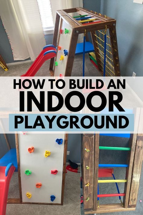 How to Build an Indoor Playground Diy Indoor Playground, Indoor Playground Diy, Active Playroom, Indoor Playset, Diy Climbing Wall, Climbing Wall Kids, Playroom Printables, Indoor Playground Design, Indoor Jungle Gym