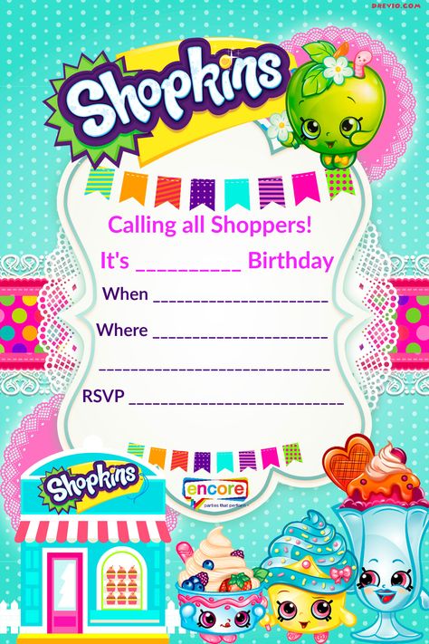 Updated – FREE Printable Shopkins Birthday Invitation Template | Drevio Invitations Design Shopkins Invitations, Birthday Invitation Message, Birthday Party Invitations Free, Shopkins Birthday Party, Shopkins Party, Shopkins Birthday, Free Printable Birthday Invitations, Free Printable Invitations, 2nd Birthday Invitations