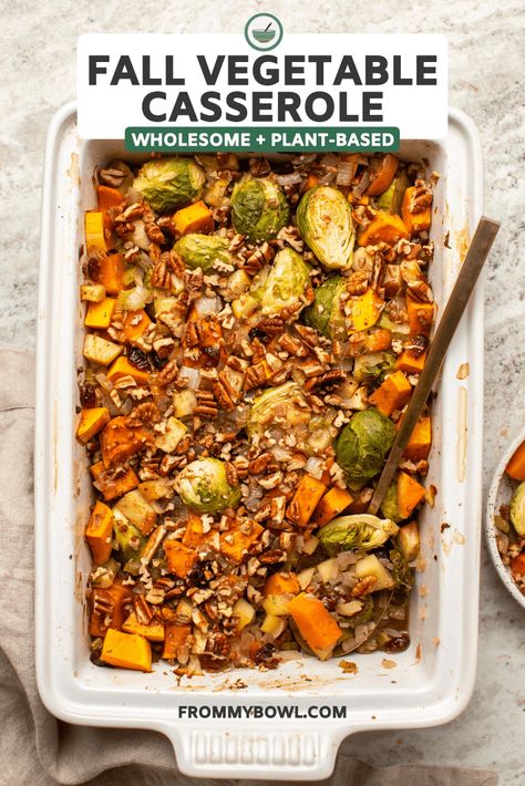 This Roasted Vegetable Casserole is packed with Brussels Sprouts, Butternut Squash, and TONS of Fall Flavor! A delicious Gluten-Free & Vegan side dish. Roasted Vegetable Casserole, Vegan Butternut Squash Recipes, Butternut Squash Vegan, Easy Fall Dinner, Easy Fall Dinner Recipes, Butternut Squash Casserole, Dinner Recipe Ideas, Easy Fall Dinners, Vegan Casserole