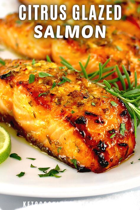 This incredibly delicious Citrus Glazed Salmon brings together the tangy freshness of citrus with the tender flakey goodness of salmon. It's perfect for a busy weeknight meal when you're short on time! #ketosalmon #glazedsalmon #salmonrecipes Citrus Glazed Salmon Recipes, Ina Garten Citrus Salmon, Salmon Citrus Recipes, Citrus Salmon Recipes Oven Baked, Citrus Glazed Chicken, Orange Salmon Recipes Baked, Citrus Salmon Salad, Citrus Baked Salmon, Citrus Herb Salmon