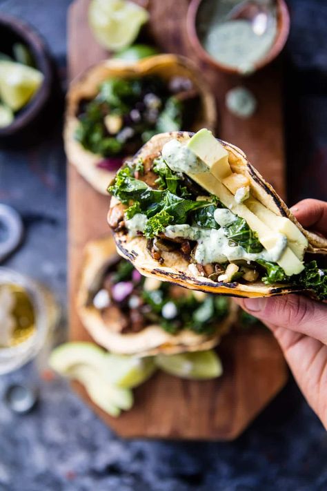 Poblano Mushroom Tacos with Cilantro Yogurt Sauce | halfbakedharvest.com @hbharvest Wedding Tacos, Tacos Gourmet, Poblano Tacos, Yoghurt Sauce, Mushroom Tacos, Healthy Tacos, Healthy Food Delivery, Yogurt Sauce, Mexican Recipes