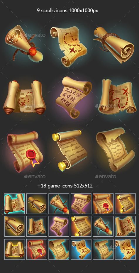 Scrolls and Maps Game Icons by ververver | GraphicRiver Map Concept Art, Map Scroll, Fantasy Icon, Disneysea Tokyo, Game Icon Design, Map Game, Map Icon, Traditional Japanese Tattoo Designs, Scrolls Game