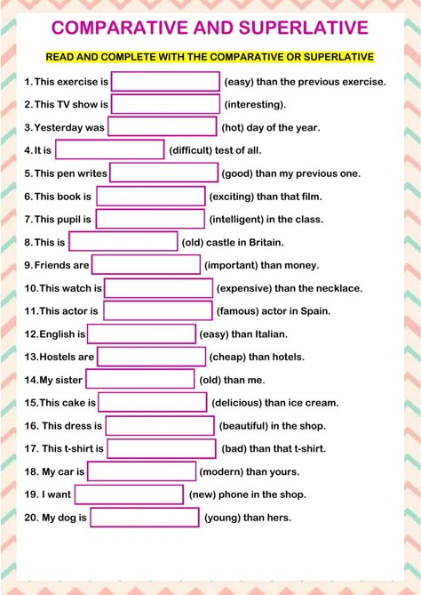 Comparatives and superlatives online worksheet. You can do the exercises online or download the worksheet as pdf. Comparative And Superlative Adjectives Activities, Adjective Comparative And Superlative, Comparative And Superlative Activities, As As Comparative Worksheet, Superlative And Comparative Worksheet, Superlative Comparative, Comparatives And Superlatives Worksheets, Comparatives Worksheet, Comparative And Superlative Worksheets