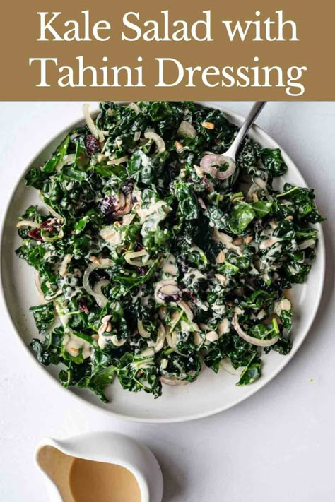 Kale Salad with Tahini Dressing Salad With Tahini Dressing, Perfect Health Diet, Daily Greens, Low Fat Diet Plan, Lunch On The Go, Tahini Dressing, Vegan Salad, Kale Salad, Healthy Diet Plans