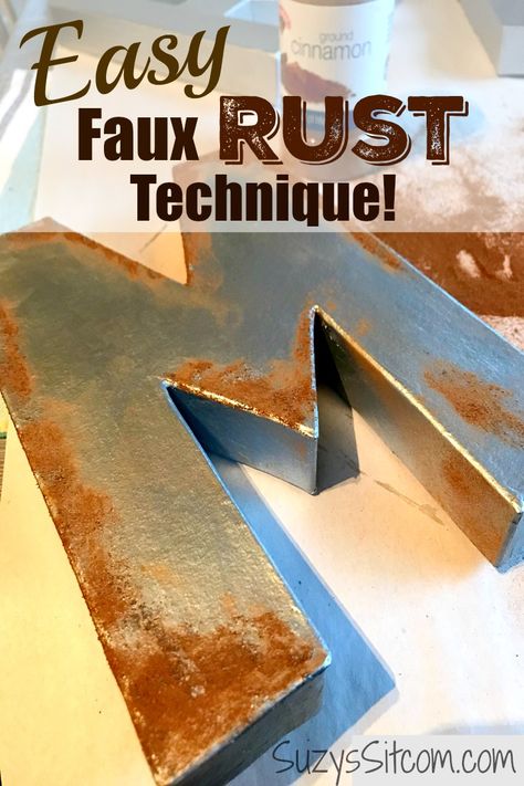 Create the look of Rust with Cinnamon! Rust Looking Paint, Aged Metal Diy Paint Finishes, Cinnamon Rust Technique, Using Cinnamon As Rust, Faux Metal Paint Finish, Faux Rust With Cinnamon, Faux Rust Paint Diy, Rust Effect Paint, Rust Painting