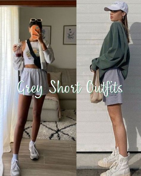 Sweat Shirt And Shorts Outfit, Gray Short Outfit, Light Grey Shorts Outfit, Sweatshorts Outfit Woman, Grey Cotton Shorts Outfit, Grey Sweatshorts Outfit Women, Grey Short Outfits, How To Style Grey Shorts, Jogging Shorts Outfit Women