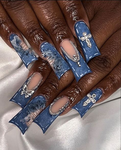 Denim Nails, Navy Blue Nails, Duck Nails, Denim And Diamonds, School Nails, Diamond Nails, Birthday Nails, Acrylic Nail Designs, Blue Nails