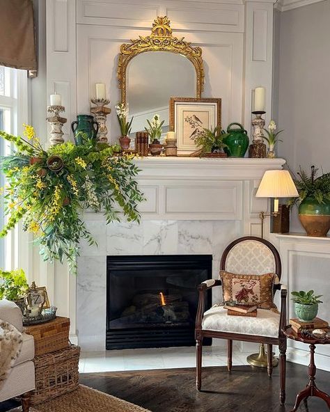 Styling Mantles Mantel Ideas, Formal Mantle Decor, Fireplace Mantle Floral Arrangement, Mantle Decor Inspiration, Decorating Mantels, How To Decorate A Fireplace Mantle, French Country Mantel Decorating Ideas, Style A Fireplace Mantle, Spring Mantles Ideas