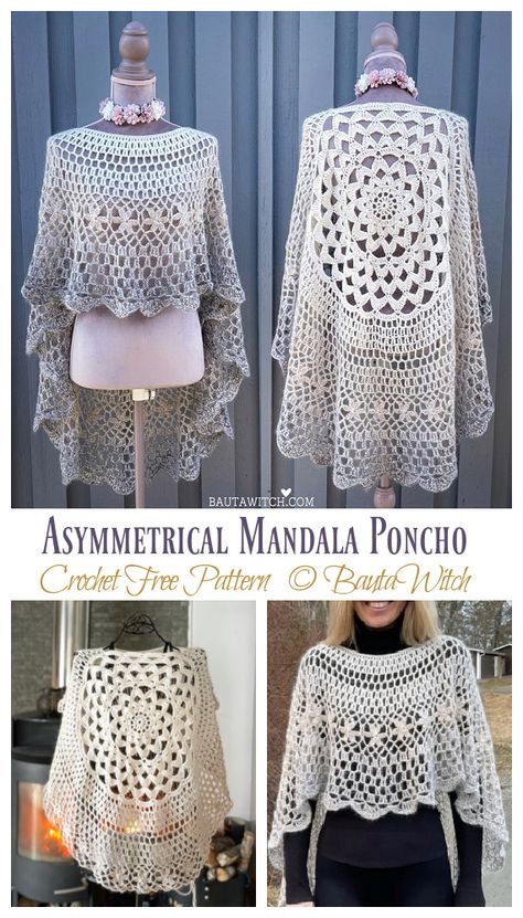 Asymmetrical Mandala Poncho Crochet Free Pattern - Crochet & Knitting Poncho Crochet Pattern Free, Crochet Cape Pattern Free, Crochet Lace Poncho, Crochet Kimono Pattern, Crochet Cape Pattern, Poncho Patterns, Lace Poncho, Crochet Wearables, Crochet Kimono