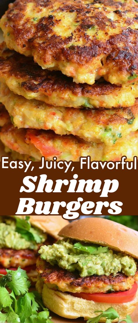 These Shrimp Burgers feature juicy, flavorful shrimp patties packed with finely minced shrimp and veggies. Make these patties into delicious shrimp burgers topped with your favorite toppings, like fresh tomatoes and avocado and/or homemade guacamole. Easy Shrimp Burger Recipe, Fried Shrimp Burger Recipe, Shrimp Burger Trader Joes, Fish Burgers Recipe, Shrimp Patty Recipes, Seafood Burger Recipes, Shrimp Burgers Recipe, Shrimp Patties Recipes, Seafood Patties