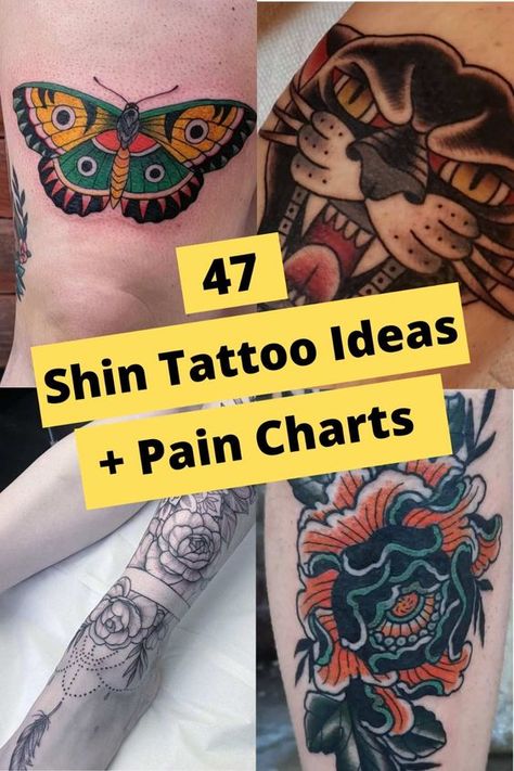 47 Shin Tattoo Ideas & Pain Charts Full Shin Tattoo, Small Shin Tattoo, Womens Shin Tattoo, Women Shin Tattoos, Floral Shin Tattoo, Calf Sleeve Women Tattoo, Shin Sleeve Tattoo, Female Shin Tattoo, Traditional Shin Tattoo