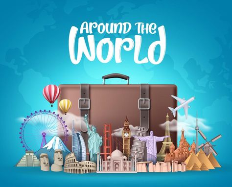 Travel around the world vector design. Travelling suitcase bag and famous landmarks around the world elements with around the world text in blue background. Vector illustration. Travel Background Design, Around The World Background, Background Travel Design, Tourism Background Design, Poster On Tourism, Tours And Travels Background Design, Travel Advertising Design, Hand Washing Poster, Travel Advertising