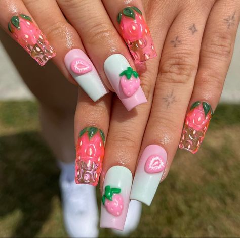 Pink Strawberry Nails, Strawberry Nail Art, Strawberry Nails, Kawaii Nail Art, Junk Nails, Fruit Nail Art, 3d Nail Art Designs, Nail Jewels, Really Cute Nails