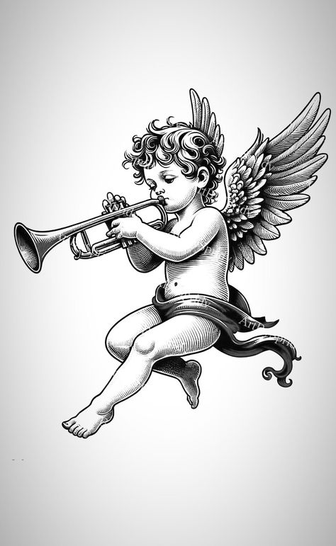 American Traditional Angel Tattoo, Angel Trumpet Tattoo, Angel Tattoo Traditional, Traditional Cherub Tattoo, Accurate Angel Tattoo, Biblically Accurate Angel Tattoo, Trumpet Tattoo, Holy Tattoos, Biblically Accurate Angel