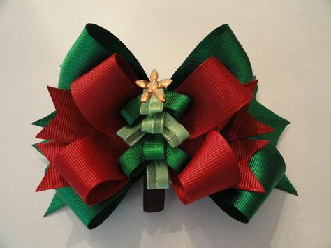 Christmas Tree Hair Bow Christmas Bows For Hair, Christmas Hair Bows Diy, Snowflake Hair Bow, Hair Bow Instructions, Holiday Hair Accessories, Ribbon Sculptures, Homemade Bows, Hair Accessories Pins