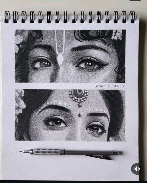 Goddess Sketch Pencil, Krishna Eyes Images, Radha Krishna Charcoal Sketch, Radha Krishna Face Drawing, Sketch Potrait Idea, Realistic Pencil Sketches Portraits, Lord Krishna Eyes, God Sketch, Lord Krishna Sketch