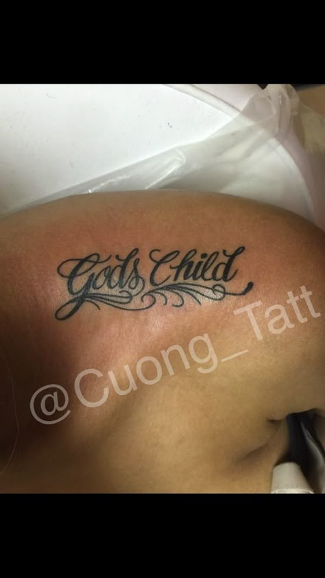 "God Child" fine line lettering Tattoo! Faith In God Tattoo Ideas, Neckline Tattoo Women, God Got Me Tattoo, Gods Favourite Tattoo, Gods Child Tattoo, God Tattoos For Women Half Sleeves, Child Of God Tattoo, Trust God Tattoo, Gods Plan Tattoo