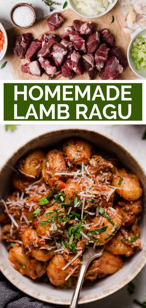 slowly braised lamb ragu sauce. lamb shoulder gets slowly braised with onions, carrots, celery, tomatoes, and plenty of hardy herbs to make the perfect rich & comforting slowly braised lamb ragu sauce. it’s perfect to serve with gnocchi, polenta, or any pasta of your choice for the coziest winter dinner! #playswellwithbutter #lambrecipe #braisedlamb #lambragu #ragusauce #comfortfood Lamb Ragu Recipe, Lamb Ragu, Ragu Sauce, Creamy Chicken And Rice, Ragu Recipe, Carrots Celery, Braised Lamb, Lamb Shoulder, Winter Dinner