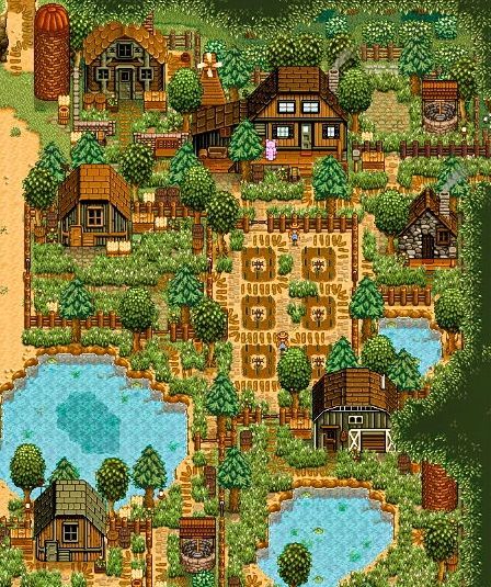 Cute Stardew Valley Forest Farm, Stardew Valley Aesthetic Farm No Mods, Stardew Valley Switch Farm Layout, Cute Stardew Farm Layout, Aesthetic Farm Layout Stardew, Star Dew Valley Aesthetic, Aesthetic Stardew Valley Farms No Mods, Farm Inspo Stardew Valley, Stardew Valley Quality Sprinkler Layout