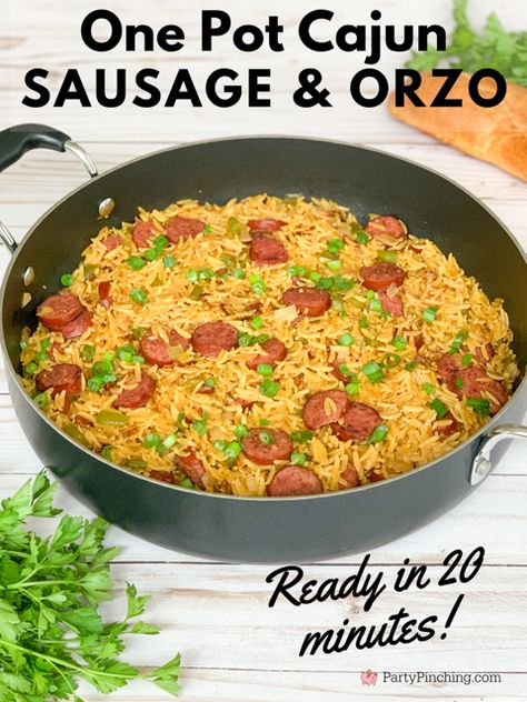 Cajun Orzo Recipes, Meal With Sausage, Meals Under 30 Minutes, Sausage And Orzo, Orzo Dinner Recipes, Orzo Dinner, Sausage Creole, Sausage Orzo, Orzo Pasta Recipes