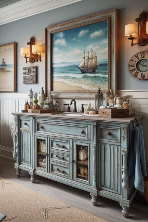 Bring beachy vibes to your bathroom with this weathered blue vanity. Perfect for a coastal-themed retreat. #CoastalDecor #BeachHouseStyle Blue And Wood Bathroom, Wood Bathroom Ideas, Bayou Cottage, Blue And Wood, Theme Bathroom, Blue Vanity, Beach Theme Bathroom, Vanity Ideas, Beachy Vibes