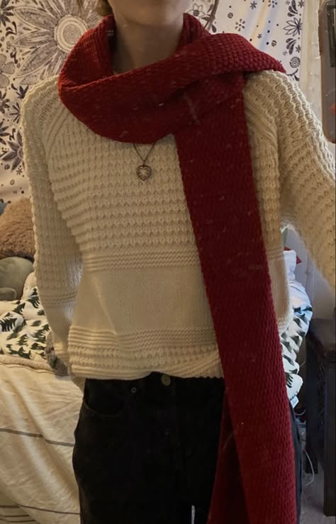 Dark Red Winter Aesthetic, Heart Locket Outfit, Outfit With Red Scarf, Autumn Red Outfit, Winter Outfits Aesthetic Christmas, Red Winter Outfits Aesthetic, Red Academia Aesthetic Outfits, Red Dark Academia Outfit, Red Scarf Outfit Aesthetic