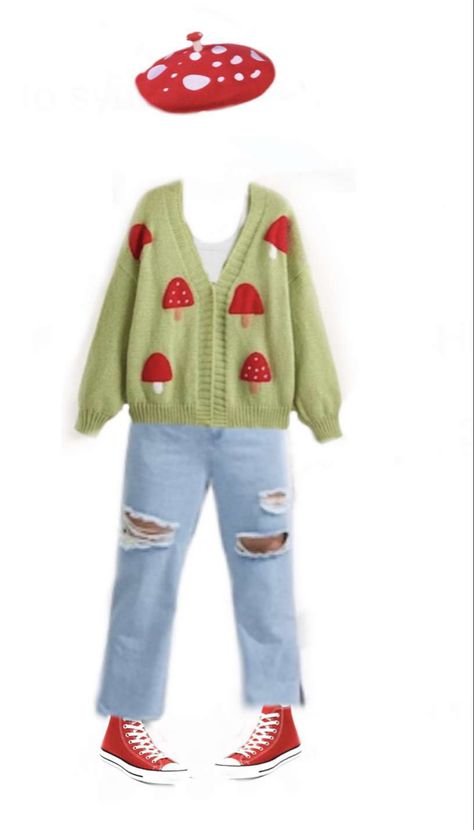 Cute Mushroom Pajamas, Mushroom Pants Outfit, Cute Outfits Mushroom, Mushroom Themed Clothes, Mushroom Clothes Aesthetic, Mushroom Themed Outfit, Cute Mushroom Outfits, Kawaii Cottagecore Outfits, Frogcore Aesthetic Outfits