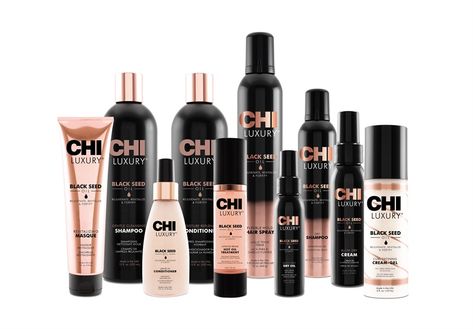 Personally used Kardashian Beauty and honestly it brought my hair back to life! When I found out they stopped making the products I did some research to find out that CHI Luxury bought the design and formula which was inspired by Kim Kardashian. Ladies this will help! CHI Luxury Black Seed Oil hair care line rejuvenates, revitalizes, and fortifies hair with Black Seed Dry Oil. This oil known for its rich healing properties helps to revitalize hair for soft, supple and shiny results. Black Hair Conditioner, Black Hair Care Products Aesthetic, Black Hair Oil, Luxury Hair Products, Luxury Hair Oil Packaging, Black Hair Shampoo, Chi Hair, Natural Hair Repair, Chi Hair Products