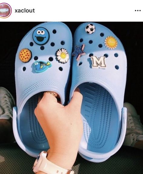 Blue Crocs With Jibbitz, Light Blue Crocs, Baddie Braids, Croc Outfits, Crocs With Jibbitz, Crocs Aesthetic, Crocs With Charms, Ghana Accra, Supreme Shoes