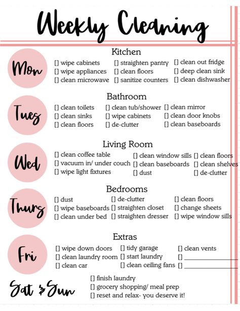 Weekly Cleaning Checklist Digital Download. This is NOT editable. Simple easy cleaning checklist. Perfect for getting into a routine after the kids go back to school! #Ideas #Motivation #Trends #Inspo #Inspiration #HomeTrends #CreativeIdeas Cleaning Baseboards, Weekly Cleaning Checklist, Deep Cleaning Checklist, House Cleaning Checklist, How To Clean Mirrors, Weekly Cleaning, Household Cleaning Tips, Daily Cleaning, Cleaning Checklist