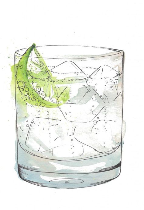 Cocktails Drawing, Cocktail Illustration, Food Sketch, Watercolor Food, Cocktail Art, Cat Air, Watercolour Art, Gin Tonic, Watercolor Sketch