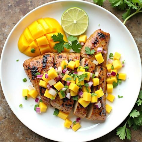 Craving something delicious? Try Grilled Chicken with Mango Salsa! 🍽️ This easy recipe will have you cooking like a pro in no time. Check it out! Chicken And Mango Salsa, Dinner With Mango Salsa, Cilantro Lime Chicken With Mango Salsa, Cilantro Lime Mango Chicken, Grilled Chicken And Mango Salsa, Mango Salsa Chicken, Mango Chicken, Marinating Chicken Breast, Mango Salsa Recipes