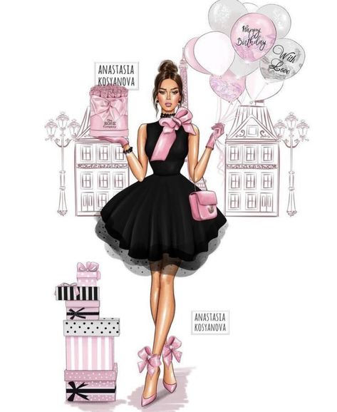 Birthday Fashion Illustration, Anastasia Kosyanova, Happy Birthday With Love, Instagram Illustration, Mickey Mouse Art, Fashion Art Prints, Birthday Fashion, Happy Birthday Love, Girly Wall Art