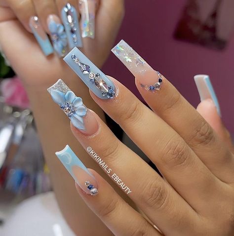 Sweet 16 Nails Acrylic Blue, Cinderella Quince Nails, Sweet 16 Nail Ideas Blue, Blue Quince Acrylic Nails, Nail Designs For Quinceanera Blue, Baby Blue Quince Nails, Light Blue Quince Nails, Quince Nails Blue Butterfly, Light Blue Acrylic Nails