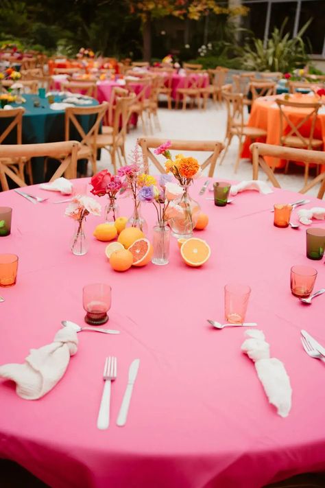 Vibrant Wedding Table Settings, Sunset Table Decor, Pink And Orange Event Decor, Pink And Orange Wedding Decor, Colourful Dinner Party, Alisa Childers, Colourful Table Setting, Brunch Table Decorations, Wedding Ballons