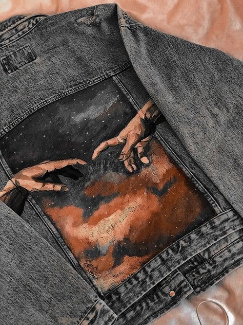 Paintings On Jackets, Paint Covered Clothes, Jean Jacket Ideas Diy, Jacket Painting Aesthetic, Black Tshirt Painting Ideas, Denim Jacket Design Ideas Paint, Jean Jacket Custom, Hand Painted Denim Jacket Art Easy, Painted Clothing Ideas