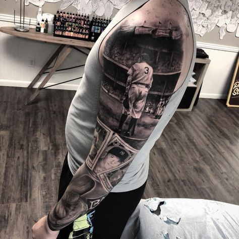 Baseball Sleeve Im currently working on. Artist: J-Whitt Location: Tyler Tx(Private Studio) Mens Full Sleeve Tattoo, Baseball Arm Sleeves, Half Arm Sleeve Tattoo, Baseball Tattoos, Arm Sleeve Tattoo, Tattoo Sleeve Filler, Sport Tattoos, Cool Half Sleeve Tattoos, New York Tattoo