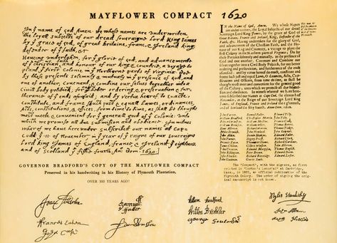 The Mayflower Compact was the first governing document of Plymouth Colony. It was written by the male passengers of the Mayflower, consisting of separatist Puritans, adventurers, and tradesmen. The Puritans were fleeing from religious persecution by King James of England.  They came to America in the name of God to further the Christian faith and documented it. Genealogy Crafts, Mayflower Compact, Plymouth Colony, Lord King, Name Of God, The Mayflower, Grace Of God, Names Of God, May Flowers