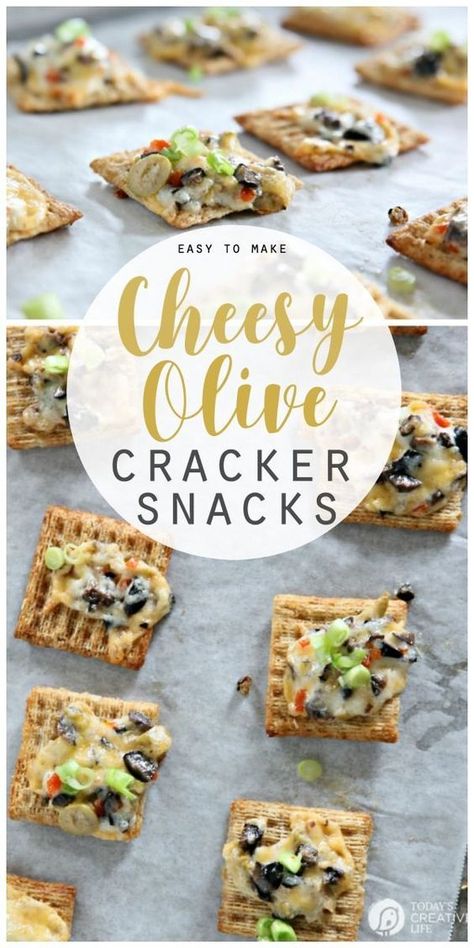 Cheesy Olive Cracker Snacks | Easy to make appetizer ideas | Football game day finger foods | Triscuit Cracker recipes | TodaysCreativeLife.com Card Club Snacks, Triscuit Appetizers, Olive Snacks, Game Day Finger Foods, Snacks Easy To Make, Saturday Recipes, Triscuit Recipes, Olive Appetizer, Food Game