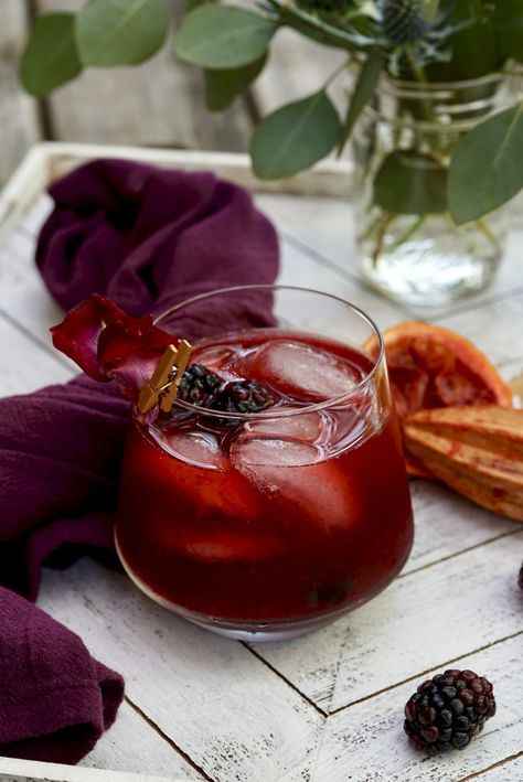 Mezcal Blackberry Smash For Halloween| Simmer + Sauce Fancy Beverages, Mezcal Drinks, Blackberry Smash, Mezcal Cocktails, Drink Syrups, Orange Bitters, Happy Drink, Blood Orange Juice, Cocktails Recipes