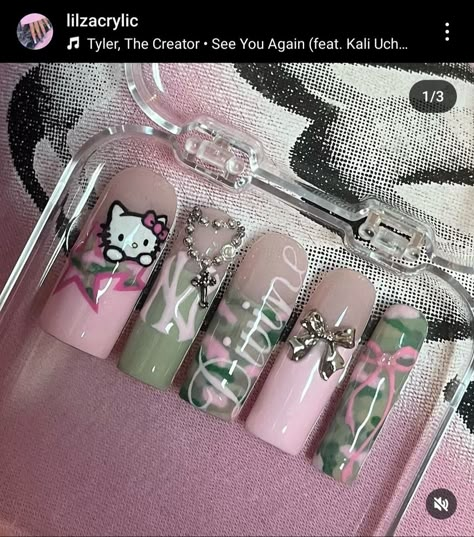 Bape Hello Kitty Nails, 2000s Nails Acrylic Y2k, Bape Nails, Pink Camo Nails, Nails Hello Kitty, Acrylic Nail Designs Coffin, Camo Nails, Girly Acrylic Nails, Y2k Nails