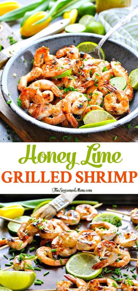 A Honey Lime Grilled Shrimp Marinade makes a perfect 20-minute healthy seafood dinner! Healthy Dinner Recipes | Shrimp Recipes | Healthy Meals | Clean Eating Recipes #seafood #shrimp #healthy #healthydinner #cleaneating #TheSeasonedMom Healthy Dinner Recipes Shrimp, Healthy Pancakes Oatmeal, Dinner Recipes Shrimp, Lime Grilled Shrimp, Grilled Shrimp Marinade, Healthy Seafood Dinners, Shrimp Healthy, Honey Lime Shrimp, Lime Shrimp Recipes