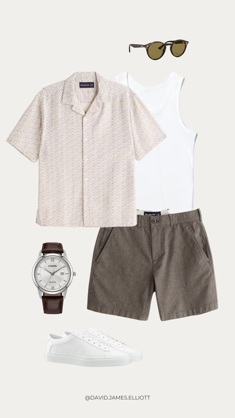 Men Chino Shorts Outfit, Mens White Shorts Outfit, Men’s Outfit Summer, Brown Linen Shorts Outfit, Mens Summer Outfits Shorts, Cream Shorts Outfit Men, Mens Fashion Casual Outfits Summer, Camp Collar Shirt Outfit, Summer Outfits 2024 Men