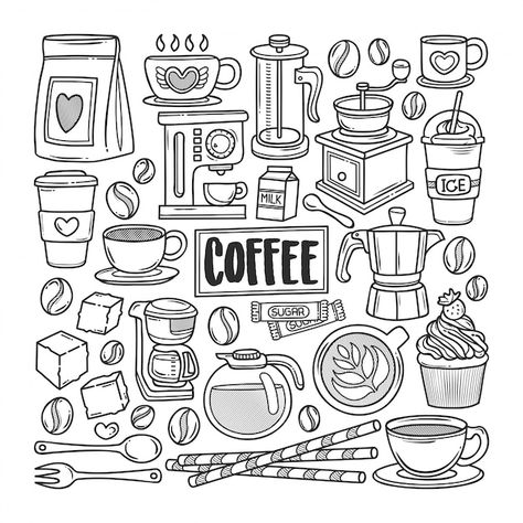 Patterns Doodle, Doodle Template, Coffee Doodle, Planner Doodles, Doodle Stickers, Zestaw Ikon, Arte Doodle, Food Doodles, Coffee Vector