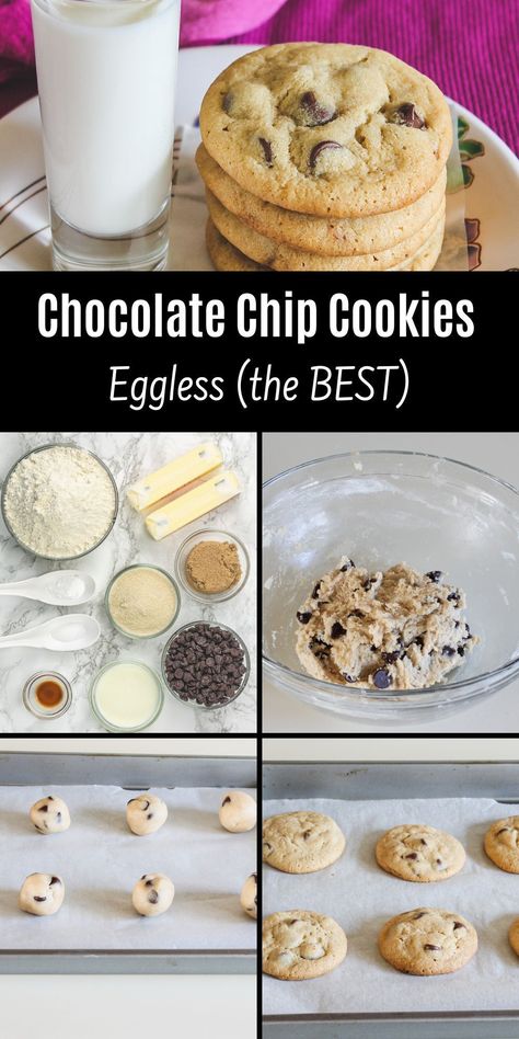 This is the BEST eggless chocolate chip cookies ever and the only basic eggless cookie recipe you need, seriously! This one cookie recipe makes tons of other recipes. This is the most popular cookie recipe on the site that is made without eggs.  A Reader commented ‘Made as instructed. awesome. I didn't want to go to the store just for eggs but I had a sweet tooth. This recipe was great. My husband said these actually taste better than regular cookies with eggs.’ Chocolate Chip Cookies With No Eggs, No Egg Cookies Recipes, Cookie Without Eggs, Cookie Recipe Without Eggs, Eggless Chocolate Chip Muffins, One Cookie Recipe, Sugarless Cookies, Desserts Without Eggs, Cookies No Eggs