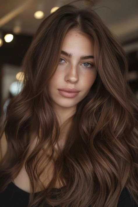 Woman with long, wavy brown hair and blue eyes looking directly at the camera. Chocolate Brown Hair Light Eyes, Shiny Chocolate Brown Hair, Brown Hair For Hazel Eyes Fair Skin, Hair Color Ideas For Fair Skin Brown Eyes, Level 6 Chocolate Brown Hair, Dark Brown Hair For Cool Skin Tones, Different Shades Of Dark Brown Hair, Medium Brown Hair Pale Skin, Chestnut Vs Chocolate Brown Hair