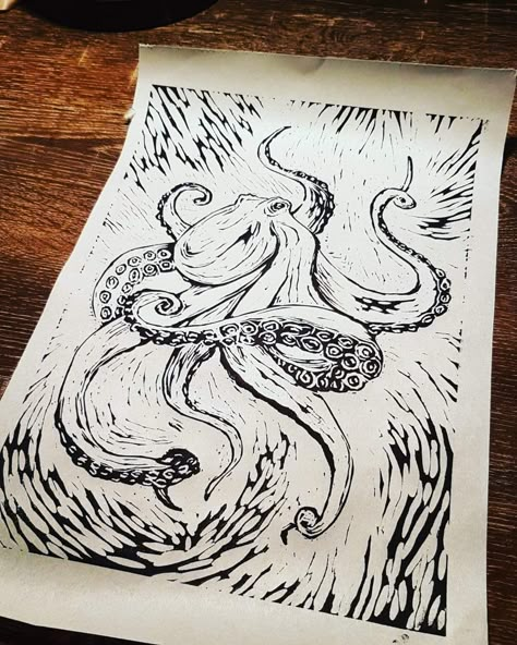 Octopus Lino Print, Octopus Linocut, Printmaking Projects, Octopus Wall Art, Lino Cuts, Woodcut Art, A Level Art Sketchbook, Linoleum Print, Linocut Printmaking